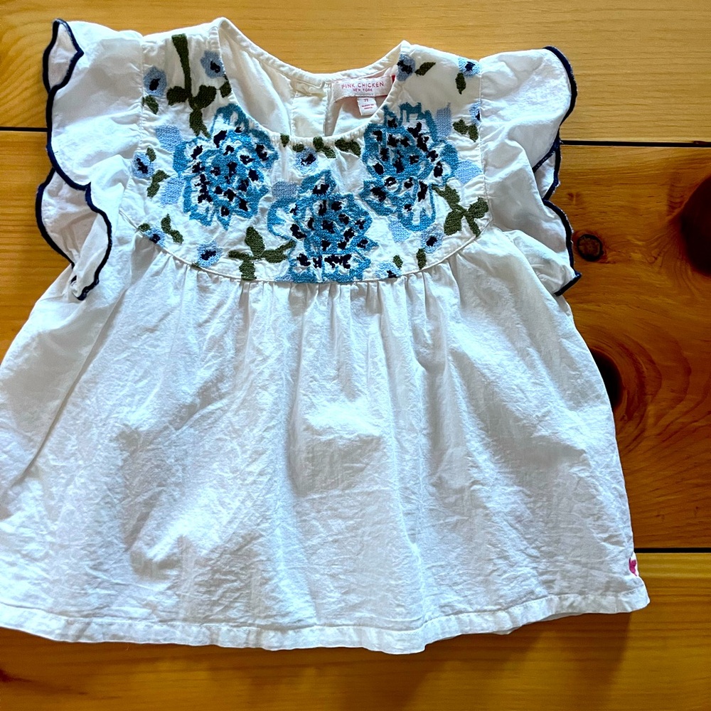 Pink Chicken Girls Kari Top - Blue Embroidery. 7Y